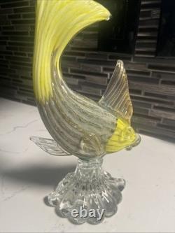 VTG Murano Glass Fish Figurine YellowithGold/Silver Withglass Stand
