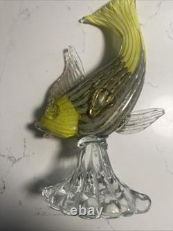 VTG Murano Glass Fish Figurine YellowithGold/Silver Withglass Stand