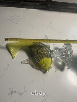 VTG Murano Glass Fish Figurine YellowithGold/Silver Withglass Stand