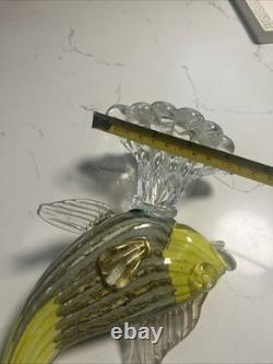 VTG Murano Glass Fish Figurine YellowithGold/Silver Withglass Stand