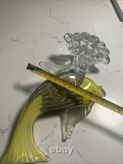 VTG Murano Glass Fish Figurine YellowithGold/Silver Withglass Stand