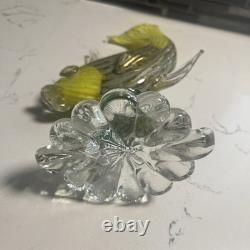 VTG Murano Glass Fish Figurine YellowithGold/Silver Withglass Stand