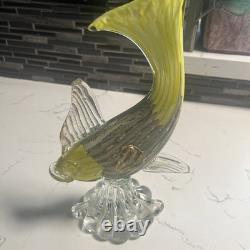 VTG Murano Glass Fish Figurine YellowithGold/Silver Withglass Stand
