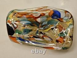VTG Murano Glass Shallow Bowl 1970's Tutti Frutti Gold Flecks End of Day 8 x 4