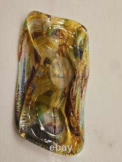 VTG Murano Glass Shallow Bowl 1970's Tutti Frutti Gold Flecks End of Day 8 x 4