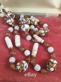 Venetian Italian Murano Wedding Cake Fiorato Glass Bead Gold Necklace Jewelry
