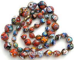 Venetian Murano Millefiori Glass Bead Necklace Graduated Knotted 26 Vintage