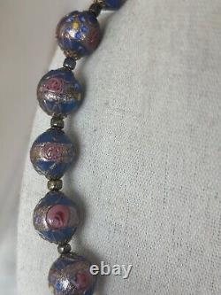 Venetian Murano Wedding Cake Glass Bead Necklace Vintage Blue 16 Italian