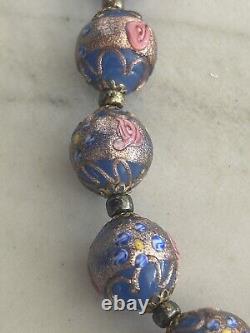 Venetian Murano Wedding Cake Glass Bead Necklace Vintage Blue 16 Italian