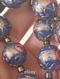 Venetian Murano Wedding Cake Glass Bead Necklace Vintage Blue 16 Italian