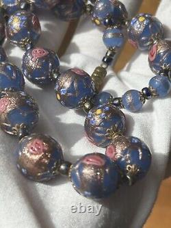 Venetian Murano Wedding Cake Glass Bead Necklace Vintage Blue 16 Italian