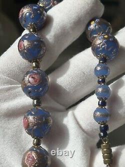 Venetian Murano Wedding Cake Glass Bead Necklace Vintage Blue 16 Italian