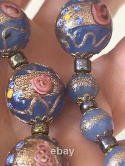 Venetian Murano Wedding Cake Glass Bead Necklace Vintage Blue 16 Italian