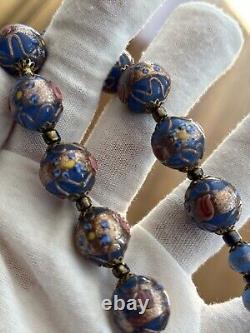 Venetian Murano Wedding Cake Glass Bead Necklace Vintage Blue 16 Italian