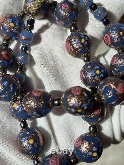 Venetian Murano Wedding Cake Glass Bead Necklace Vintage Blue 16 Italian