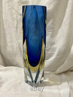 Vintage 10 Murano Mandruzzato Blue/Yellow Sommerso Faceted Glass Vase