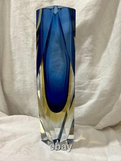 Vintage 10 Murano Mandruzzato Blue/Yellow Sommerso Faceted Glass Vase