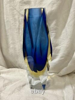 Vintage 10 Murano Mandruzzato Blue/Yellow Sommerso Faceted Glass Vase