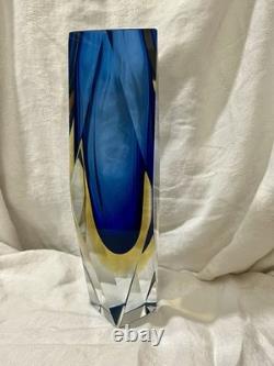 Vintage 10 Murano Mandruzzato Blue/Yellow Sommerso Faceted Glass Vase
