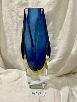 Vintage 10 Murano Mandruzzato Blue/Yellow Sommerso Faceted Glass Vase