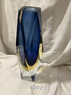 Vintage 10 Murano Mandruzzato Blue/Yellow Sommerso Faceted Glass Vase
