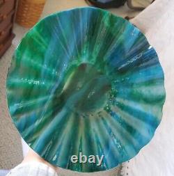 Vintage 11.25 Murano Style Speckled Swirl Cobalt Aqua Blue Art Glass Bowl