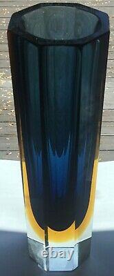 Vintage 11.75 Tall Murano Art Glass Sommerso Hexagon Faceted Vase Blue Yellow