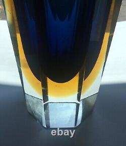 Vintage 11.75 Tall Murano Art Glass Sommerso Hexagon Faceted Vase Blue Yellow