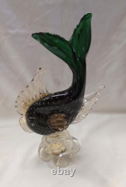 Vintage 11 Tall Venetian Murano Art Glass Green/Bubbles Fish Hand Blown