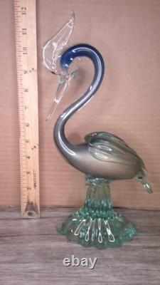Vintage 12 Murano art glass hand blown blue swirl with Gold flecks Heron figure