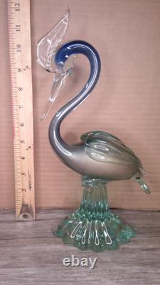 Vintage 12 Murano art glass hand blown blue swirl with Gold flecks Heron figure
