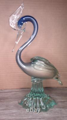 Vintage 12 Murano art glass hand blown blue swirl with Gold flecks Heron figure