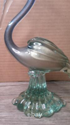 Vintage 12 Murano art glass hand blown blue swirl with Gold flecks Heron figure