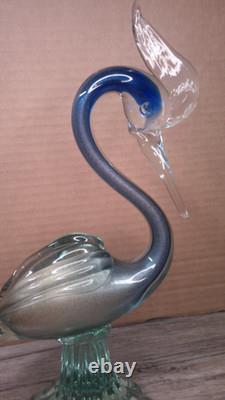 Vintage 12 Murano art glass hand blown blue swirl with Gold flecks Heron figure