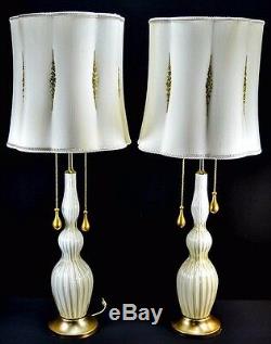 Vintage 1950's Italian White and Gold 24kt Murano Glass Lamps Hollywood Regency