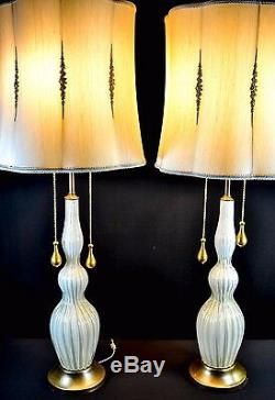 Vintage 1950's Italian White and Gold 24kt Murano Glass Lamps Hollywood Regency