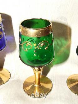 Vintage 1950s 4 Color Stemmed Cordials Murano Italy Venetian Glass Heavy Gilt