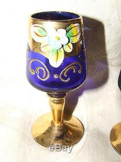 Vintage 1950s 4 Color Stemmed Cordials Murano Italy Venetian Glass Heavy Gilt