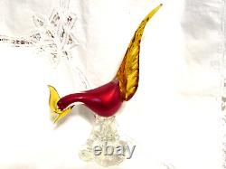 Vintage 1950s Murano Art Glass Red and Amber Pheasant Bird Figurine Sculpture