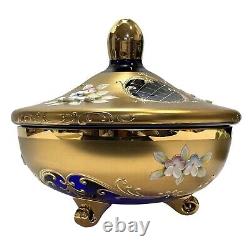 Vintage 1950s Venetian Murano Tre Fuochi 24K Gold Cobalt Blue Glass Footed Jar