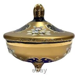 Vintage 1950s Venetian Murano Tre Fuochi 24K Gold Cobalt Blue Glass Footed Jar