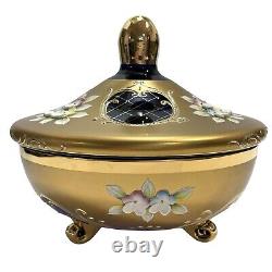 Vintage 1950s Venetian Murano Tre Fuochi 24K Gold Cobalt Blue Glass Footed Jar