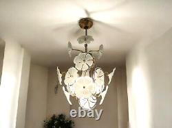 Vintage 1970s Murano Glass Chandelier Italian Floral Brass Pendant Light