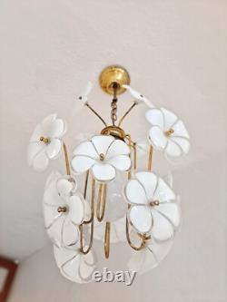 Vintage 1970s Murano Glass Chandelier Italian Floral Brass Pendant Light