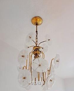 Vintage 1970s Murano Glass Chandelier Italian Floral Brass Pendant Light