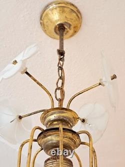 Vintage 1970s Murano Glass Chandelier Italian Floral Brass Pendant Light