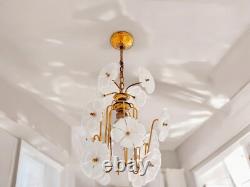 Vintage 1970s Murano Glass Chandelier Italian Floral Brass Pendant Light