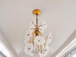 Vintage 1970s Murano Glass Chandelier Italian Floral Brass Pendant Light