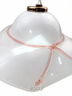 Vintage 1970s Murano Glass Pendant Light Vetri Style White Pink Ribbon 50