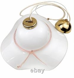Vintage 1970s Murano Glass Pendant Light Vetri Style White Pink Ribbon 50